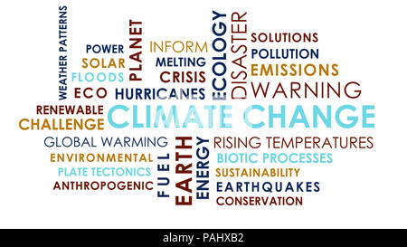 Klimawandel animierten Text word Cloud auf weißem Hintergrund. Stockfoto