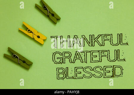 Wort schreiben Text dankbar dankbar gesegnet. Business Konzept für Wertschätzung Dankbarkeit gute Laune Haltung Umrisse Worte grüne Mitte gelbes Papier cl Stockfoto