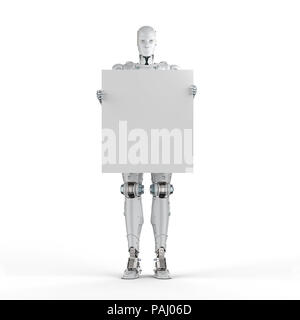 3D-Rendering humanoiden Roboter mit weißem Papier Stockfoto