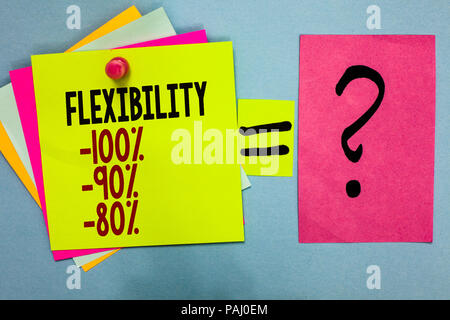 Text Zeichen zeigt Flexibilität 100 90 80. Konzeptionelle Foto Wie viel flexibler sind Sie maleability Ebene farbenfrohe Haftnotizen mit Text pin toget Stockfoto