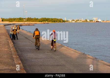 Bei Sonnenuntergang auf der Mole Menschen Radfahren und Wandern. Stockfoto