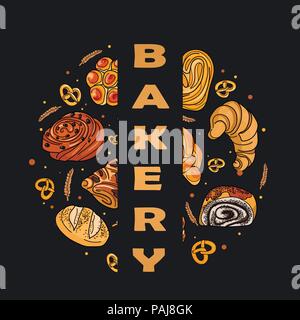 Dekor für einen Shop oder Café mit Gebäck, Brot, backen. Bäckerei, Brot, Haus, handschriftliche Illustration mit Schriftzug. Vektor Stock Vektor
