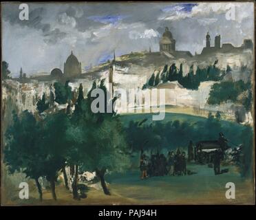 Die Beerdigung. Artist: Édouard Manet (Französisch, Paris 1832-1883 Paris). Abmessungen: 28 5/8 x 35 5/8 in. (72,7 x 90,5 cm). Datum: Ca. 1867. Unvollendete Manets Malerei wird gedacht, um die Beerdigung der Schriftsteller Charles Baudelaire, der am 2. September 1867 stattfand. Der Künstler, im Gegensatz zu anderen Freunde, die noch nicht aus dem Urlaub zurück oder blieben weg wegen der drohenden Sommer Sturm, gehörte zu den wenigen Trauernde vorhanden. Diese Ansicht, die magere Beerdigung cortège am Fuße des Butte Montmartre, einem Hügel im Südwesten von Paris, wird durch die Silhouetten der Türme und Kuppeln von Val de gerahmt Stockfoto