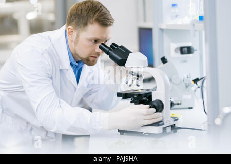 Porträt der jungen Wissenschaftler suchen in Mikroskop während auf Forschung im medizinischen Labor Stockfoto