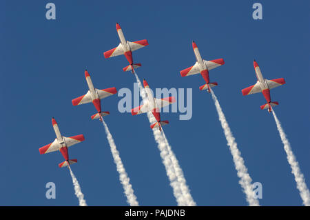 CASA C-101 EB Aviojets von Spanien - Air Force Patrulla Aguila Acrobatica im Formationsflug mit Rauch bei der Dubai Airshow 2007 Stockfoto