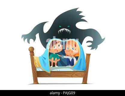 Paar Angst Kinder sitzen auf dem Bett und Verstecken von erschreckend Geist, unter Vertrag. Ängstliche Kinder und imaginäre Monster. Zeichentrickfiguren isoliert auf weißem Hintergrund. Vector Illustration. Stock Vektor