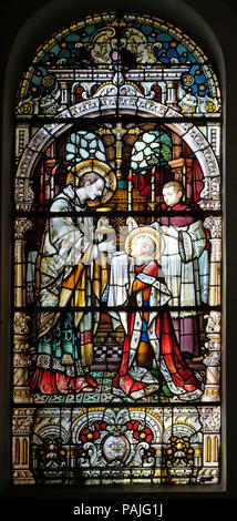 Saint Aloysius ist seine erste Gemeinschaft vom Heiligen Karl Borromäus, Glasfenster in der Kirche von St. Martin in Zagreb, Kroatien. Stockfoto
