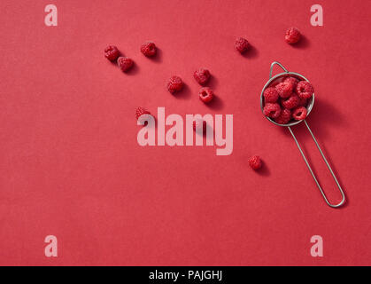 Früchte Muster von frischem Sommer Himbeeren auf einem roten Hintergrund. Ansicht von oben. Stockfoto