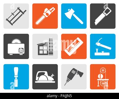 Flache holzverarbeitende Industrie und Werkzeuge für die Holzbearbeitung Symbole - Vektor Icon Set Stock Vektor