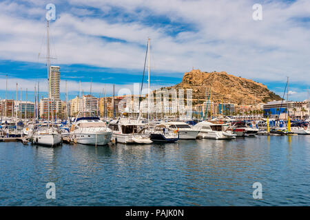 Marina und Skyline von Alicante, Costa Blanca, Spanien im Frühling Stockfoto