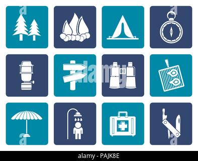 Flache Camping, Reise und Tourismus Symbole - Vektor Icon Set Stock Vektor