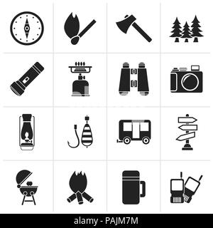 Schwarz Camping, Reise und Tourismus Symbole - Vektor Icon Set Stock Vektor