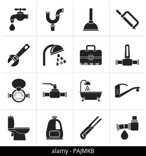 Schwarz sanitär Objekte und Werkzeuge icons-Vektor Icon Set Stock Vektor