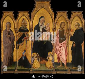 Madonna mit Kind und Heiligen. Artist: Giovanni di Paolo (Giovanni di Paolo Di Grazia) (Italienisch, Siena Siena 1398-1482). Abmessungen: Zentrale Panel 82 3/4 x 25 7/8 in. (210,2 x 65,7 cm); links Panels 70 7/8 x 16 7/8 in. (180 x 42,9 cm), 70 7/8 x 16 3/4 in. (180 x 42,5 cm); rechts Panels 70 7/8 x 16 7/8 in. (180 x 42,9 cm), 70 7/8 x 16 3/4 in. (180 x 42,5 cm). Datum: 1454. Das Multi Panel Altarbild (polyptychon) gemalt wurde eine Kapelle in der Kirche des Augustinerordens zu verzieren, möglicherweise in Cortona. St. Nikolaus von Tolentino wurde 1446 heiliggesprochen und trägt den Augustiner Gewohnheit. Die Stockfoto