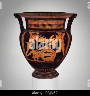 Terrakotta Spalte - Krater (Schüssel für das Mischen von Wein und Wasser). Kultur: Griechisch, Dachboden. Abmessungen: H 36.60 cm.. Datum: Ca. 480 v. Chr.. Vorderseite, kämpfen. Rückwärts, schwelgen. Museum: Metropolitan Museum of Art, New York, USA. Stockfoto