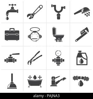 Schwarz sanitär Objekte und Werkzeuge icons-Vektor Icon Set Stock Vektor