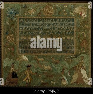 Bestickte Sampler. Kultur: American. Abmessungen: 16 1/2 x 17 1/4 in. (41,9 x 43,8 cm). Schöpfer: Rebekka Weiß (1753-1823). Datum: 1766. Die pastorale umwerben Szene bestickt unter der Beschriftung auf diesem Sampler zu den mehr formalen Zelt - Handarbeit Bilder durch Boston Mädchen während dieses Jahrzehnts erstellt Stitch bezieht. Salem Sampler sind durch lange Füllung Stiche von Ungedreht Seide floss. Dieser frühen Sampler ist eine von einer kleinen Gruppe in der Schule von einem Unbekannten Lehrer, der diese Technik, die in Salem in das neunzehnte Jahrhundert populär blieb eingeführt haben kann. Museum: Stockfoto