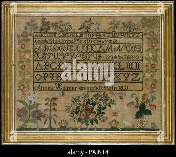 Bestickte Sampler. Kultur: American. Abmessungen: 17 x 21 cm. (43,2 x 54 cm). Schöpfer: Almira Holmes (geboren 1803). Datum: 1821. Museum: Metropolitan Museum of Art, New York, USA. Stockfoto