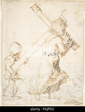 Christus Kind und sekundären Kind Abbildung, die das Kreuz (recto); Fragment des Design für Zierpflanzen Grenze (verso). Artist: Anonyme, Spanisch, Schule von Sevilla, 17. Abmessungen: 5-1/4 x 4-1/8 in. (13,3 x 10,5 cm). Datum: 17. Museum: Metropolitan Museum of Art, New York, USA. Stockfoto