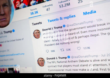 Brüssel, Belgien - 21. Juli 2018: Die offiziellen Twitter Seite von Donald J. Trumpf, 45. Präsident der USA. Stockfoto