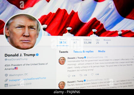 Brüssel, Belgien - 21. Juli 2018: Die offiziellen Twitter Seite von Donald J. Trumpf, 45. Präsident der USA. Stockfoto