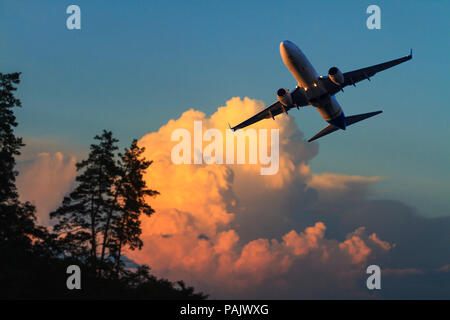 Flugzeuge bei Sonnenuntergang über den Wald und die Wolken fliegen Stockfoto