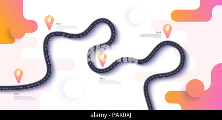 Road map und Route Infografiken Vorlage. Kurvenreiche Straße timeline Abbildung Stockfoto