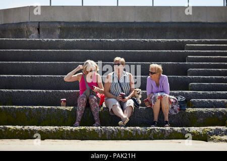 Coatal Prestatyn Seaside Resort Stadt Denbighshire, Wales. Historisch Flintshire, zentrale Buche oap Damen ruht auf dem Meer Pause wand Verteidigung Stockfoto