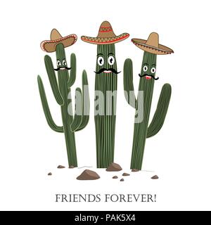 Drei niedlichen Cartoon Saguaro Kaktus in Sombrero. Stock Vektor