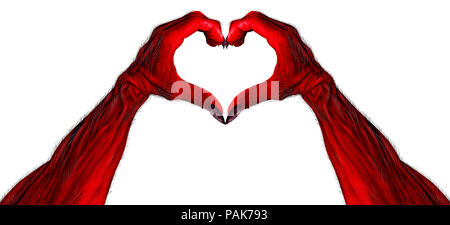 Rote Dämon oder Teufel Hand wie ein Herz wie ein gruseliges Halloween oder scary Monster Waffen auf Weiß in eine 3D-Abbildung Stil isoliert geprägt. Stockfoto