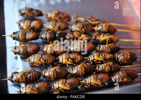 China. 24. Juli, 2018. Qingdao, China - Gebratene Insekten einschließlich der Scorpions, Tausendfüßler und Heuschrecken auf der 28. Internationalen Qingdao Bierfest in Qingdao gesehen werden kann, der ostchinesischen Provinz Shandong. Gebratene Insekten sind beliebte Snacks in China obwohl die Nahrung suchen furchtsam. Credit: SIPA Asien/ZUMA Draht/Alamy leben Nachrichten Stockfoto