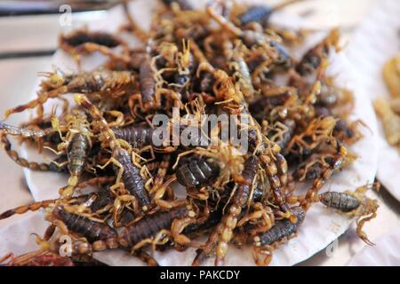 China. 24. Juli, 2018. Qingdao, China - Gebratene Insekten einschließlich der Scorpions, Tausendfüßler und Heuschrecken auf der 28. Internationalen Qingdao Bierfest in Qingdao gesehen werden kann, der ostchinesischen Provinz Shandong. Gebratene Insekten sind beliebte Snacks in China obwohl die Nahrung suchen furchtsam. Credit: SIPA Asien/ZUMA Draht/Alamy leben Nachrichten Stockfoto