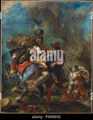 Die Entführung von Rebecca. Künstler: Eugène Delacroix (Französisch, Charenton-Saint-Maurice 1798-1863 Paris). Abmessungen: 39 1/2 x 32 1/4 in. (100,3 x 81,9 cm). Datum: 1846. Während seiner gesamten Karriere, Delacroix wurde von den Romanen von Sir Walter Scott, ein beliebtes Thema der französischen Romantiker inspiriert. Dieses Gemälde zeigt eine Szene aus <i> Ivanhoe</i>: der jüdischen Heldin Rebecca, die in der Burg von Front de Boeuf beschränkt worden war (in Flammen gesehen), durchgeführt von zwei Sarazenischen slaves Gebot durch den geizigen Christian Ritter Bois-Guilbert. Die verwinkelte, Verriegelung Posen und verdichteten Raum, die Shi Stockfoto