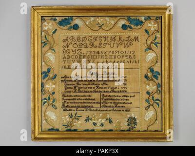 Familie Datensatz Sampler. Kultur: American. Abmessungen: 16 1/4 x 17 in. (41,3 x 43,2 cm). Schöpfer: Emma H. Flint (geboren 1814). Datum: 1827. Museum: Metropolitan Museum of Art, New York, USA. Stockfoto