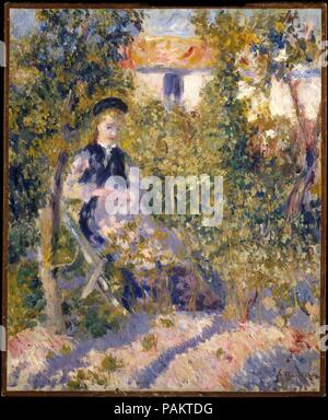 Nini im Garten (Nini Lopez). Artist: Auguste Renoir (Französisch, Limoges 1841-1919 Cagnes-sur-Mer). Abmessungen: 24 3/8 x 20 in. (61,9 x 50,8 cm). Datum: 1876. Renoirs Modell, Nini Lopez, sitzt im großen Garten angrenzend an das Atelier des Künstlers bei 12 rue Cortot, in Montmartre. Die gleiche Technik - abwechslungsreiches Pinselstrichen von Farben gemischt mit Weißen - und Interesse an dappled Licht und violetten Schatten sind in Renoirs Meisterwerk aus dieser Zeit gefunden, <i>Moulin de la Galette</i>, 1876 (Musée d'Orsay, Paris). Museum: Metropolitan Museum of Art, New York, USA. Stockfoto