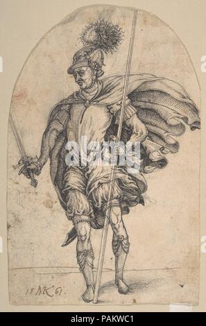 Ein stehender Soldat. Artist: Michel Kirmer (aktive Ca. 1552-ca. 1570). Abmessungen: Blatt (oben gerundet): 8 5/8 x 5 1/2 in. (21,9 x 14 cm). Datum: 1561. Museum: Metropolitan Museum of Art, New York, USA. Stockfoto