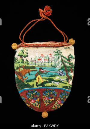 Beutel. Kultur: American. Datum: 1830-60. Die narrativen Bildsprache ist kontinuierliche Um diese Tasche und schildert ein Jäger mit seinen Hunden auf der einen Seite und die Hirsche, seine Beute auf der anderen. Die Tasche ist in den Catskill Mountains und die Bildsprache, mit seinen schönen Färbung gemacht worden zu sein, reflektiert die Geographie in die Gegend. Die Verwendung von floralen Boteh ist eine interessante Note, wahrscheinlich aus den verfügbaren Muster Bücher Beitritt Notizen kopiert: "Drei Meilen von Catskill. Familie hatte es immer 'Margaret S. Bedell (1861-1932) gestiftet, durch Schenkung oder Erbschaft, über 500 Objekte an der Brooklyn Museum hatte Stockfoto