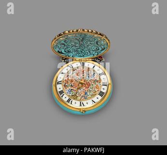 Die große Ruby beobachten. Kultur: Deutsche, Augsburg. Abmessungen: Insgesamt: 3 1/8 x 2 1/8 x 7/8 in. (7,9 × 5,4 × 2,2 cm); Durchmesser (Grundplatte): 1 3/4 in. (4,4 cm). Schöpfer: Uhrmacher: Nicolaus Rugendas der Jüngere (Deutsch, 1619-1694/5), Meister 1662. Datum: Ca. 1670. Rugendas war Mitglied einer prominenten Familie von Uhr und Sonnenuhr Entscheidungsträger in Augsburg. Diese Uhr ist längst als der Große Rubin Ansehen für seine achtzig bekannt - fünf klare Perlen. Die Abdeckung ist ein schönes Beispiel für die blumigen Stil der Augsburger Goldschmiede' Arbeit, die in der Mode von etwa 1660 bis 1680 war. Der Emaille der innerhalb der Abdeckung und dem Dial Stockfoto