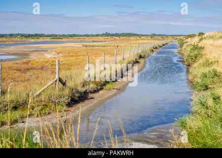 Blick über Lymington und Keyhaven Sümpfe Naturschutzgebiet bei sehr trockenem Wetter im Juli 2018 Lymington, Hampshire, England, Großbritannien Stockfoto