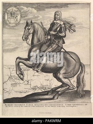 Earl of Essex auf dem Pferd. Artist: Wenzel Hollar (Böhmische, Prag 1607-1677 London). Maße: Blatt: 13 5/8 x 10 15/16 in. (34,6 × 27,8 cm). Datum: 1643. Robert Devereux Earle von Essex & Ewe, Viscount Herreford, Herr Ferryes der Chartley, sitzenden Rüstung tragen auf eine springende Pferd mit einer Karte seiner Siege im Hintergrund. Museum: Metropolitan Museum of Art, New York, USA. Stockfoto