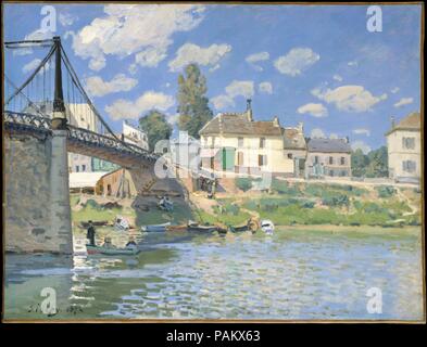 Die Brücke von Villeneuve-la-Garenne. Artist: Alfred Sisley (Britisch, Paris 1839-1899 Moret-sur-Loing). Abmessungen: 19 1/2 x 25 3/4 in. (49,5 x 65,4 cm). Datum: 1872. Vor kurzem, state-of-the-art Brücken, Sinnbild der Moderne, werden in einer Reihe von Sisley Malerei der 1870er und frühen 1880er Jahre gebaut. Diese Nahaufnahme, dramatisch Winkelansicht zeigt die Eisen und Stein Hängebrücke, die im Jahr 1844 wurde das Dorf von Villeneuve-la-Garenne mit dem Pariser Vorort Saint-Denis. Sisley belebt die Szene mit Urlaubern auf der Seine und entlang der Flussufer. Stockfoto