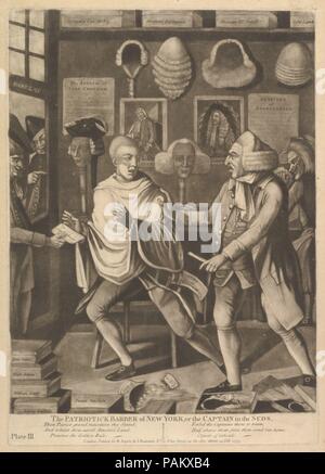 Die Patriotick Friseur von New York, oder der Kapitän in Seifenlauge. Artist: zugeschrieben, Philip Dawe (British, 1745?-?1809). Abmessungen: Platte: 14 x 9 15/16 in. (35,5 x 25,2 cm) Blatt: 17 1/2 x 11 1/8 in. (44,5 x 28,3 cm). Herausgeber: R. Sayer und J. Bennett (London). Datum: Februar 14, 1775. In diesem Druckjob, in London im Jahr vor dem Ausbruch der amerikanischen Revolution, Captain John crozer, Kommandant von einem britischen Schiff ausgestellt, im barbershop Jakobs Vredenburgh, ein New York Sohn der Freiheit, die sich weigert, ihm Rasieren zu beenden erkannt worden ist. Das Thema zeigt, wie die New Yorker zu c abgelehnt Stockfoto