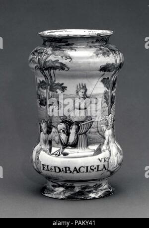 Apothecary jar (albarello). Kultur: Italienisch, Urbino. Abmessungen: Höhe: 9 1/16-in. (23 cm). Datum: Ca. 1560-70. Museum: Metropolitan Museum of Art, New York, USA. Stockfoto