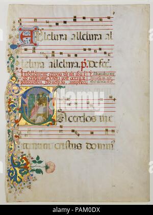 Manuskript Blatt mit der Feier einer Masse in einem ersten S, aus einem antiphonar. Artist: Meister des Riccardiana Lactantius. Kultur: Italienisch. Abmessungen: Insgesamt: 21 9/16 x 16 1/8 in. (54,7 x 40,9 cm) schreiben: 4 7/16 x 4 5/16 in. (11,2 x 11 cm) Mat Größe: 30 1/2 x 21 13/16-in. (77,4 x 55,4 cm). Datum: Zweite Hälfte 15. Jahrhundert. Museum: Metropolitan Museum of Art, New York, USA. Stockfoto