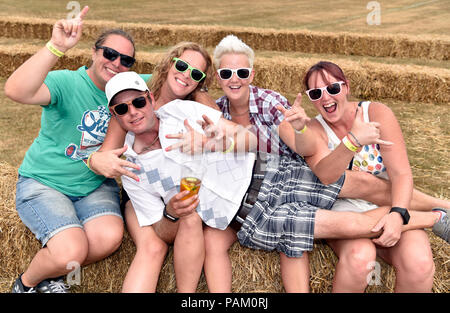 Gruppe der männlichen und weiblichen Freunden eine gute Zeit auf McMillfest Music Festival 2018, Milland, in der Nähe von Liphook, Hampshire, UK. 21. Juli 2018. Stockfoto