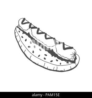 Hot Dog mit Senf. Hand gezeichnet Vector Illustration. Stock Vektor