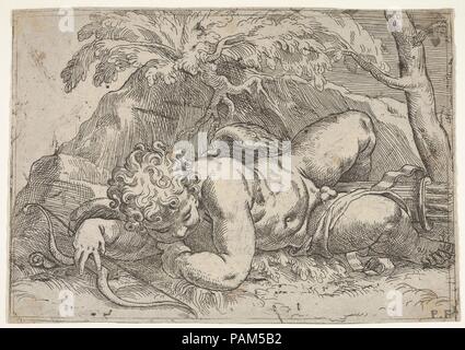 Sleeping Cupid, deren ausgestreckten Rechten Arm ruht auf seinen Bogen und deren Köcher liegt zwischen seine Beine. Artist: Paolo Farinati (Italienisch, Verona Verona 1524-1606). Maße: Blatt: 7 13/16 x 5 1/2 in. (19,9 x 14 cm). Datum: Ca. 1560-1606. Museum: Metropolitan Museum of Art, New York, USA. Stockfoto