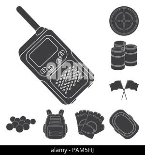 Paintball, team Spiel schwarze Symbole in der Sammlung für Design. Ausrüstung und Kleidung vektor Symbol lieferbar Abbildung. Stock Vektor