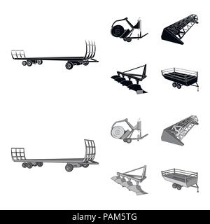 Pflug, Mähdrescher Dreschmaschine, Anhänger und andere landwirtschaftliche Geräte. Landwirtschaftliche Maschinen ein Sammlung Icons in Schwarz, monochrom Stil Vektor symbol Sto Stock Vektor