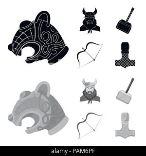 Viking in Helm mit Hörnern, Muskatblüte, Bogen und Pfeil, Schatz. Vikings set Sammlung Icons in Schwarz, monochrom Stil vektor Symbol lieferbar Abbildung. Stock Vektor